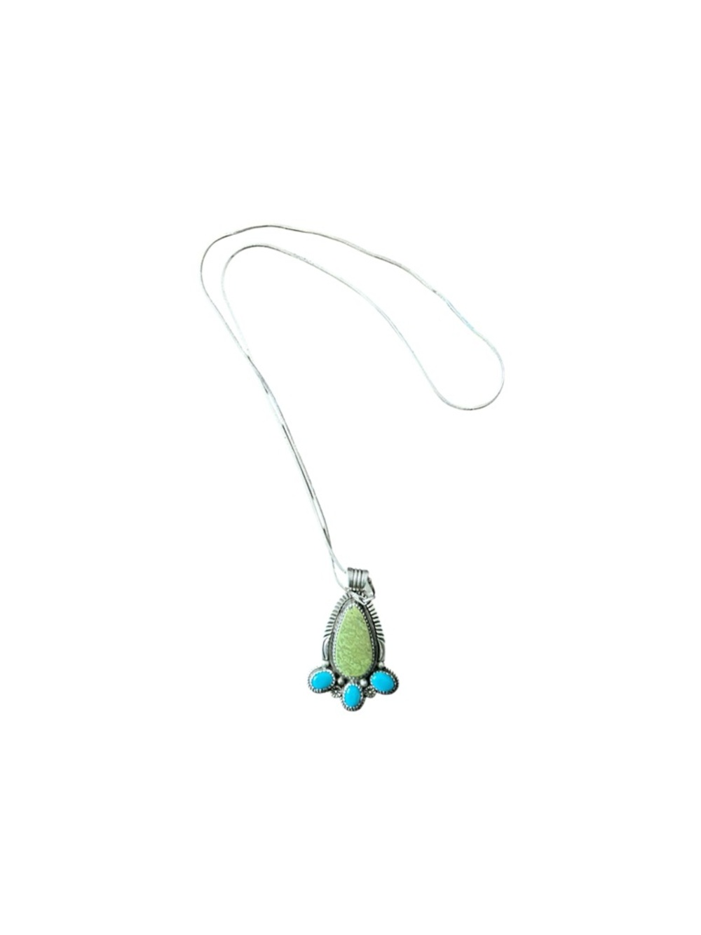 Vintage Navajo Sterling Silver Green and Turquoise Teardrop Pendant Necklace